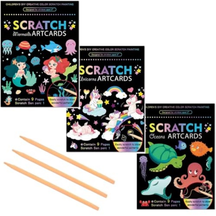 Book Party Games - 3セットマジックスクラッチペーパーアート、カラフルなマジックドローイングアートブック、誕生日クリスマスパーティーゲームプロジェクト用スクラッチペン3本付き