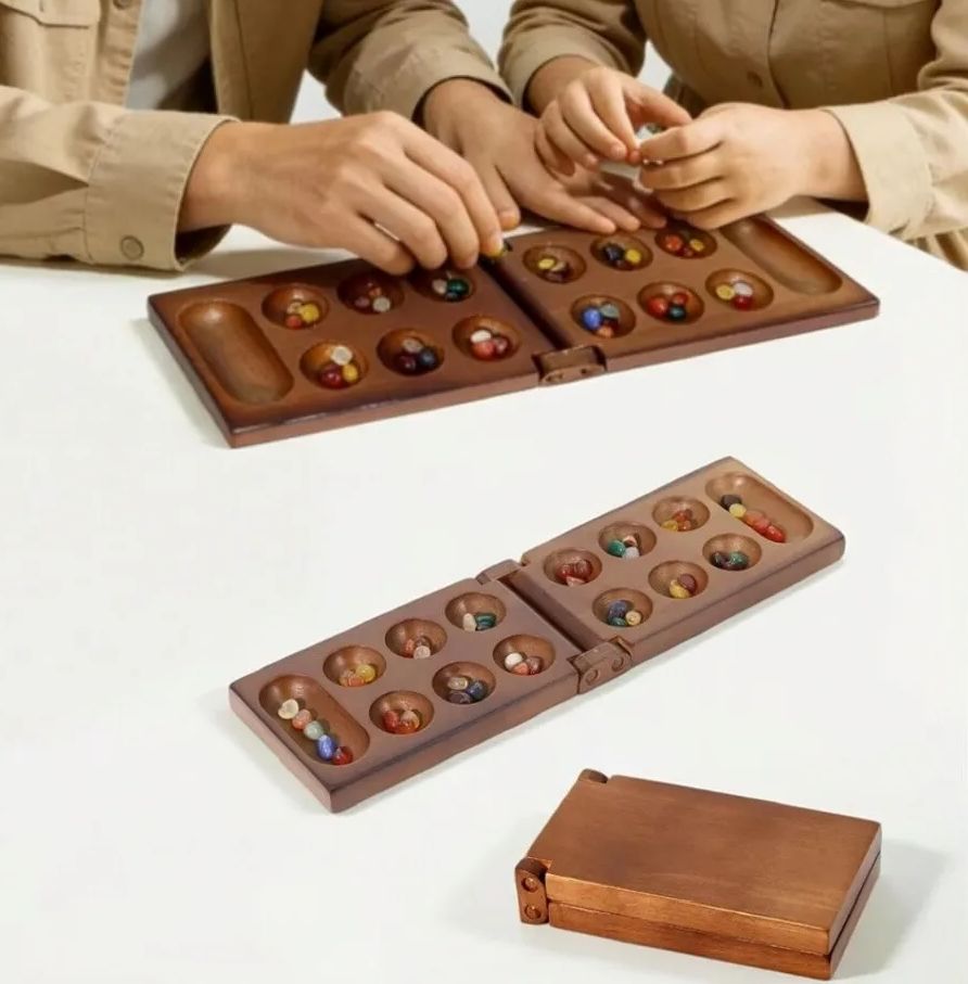Party Family Games - クラシックマンカラ古代アフリカチェス木製ゲームセット、石製の駒付き、持ち運び可能な戦略ゲーム、家族で楽しめるパーティーゲーム、子供向けおもちゃ