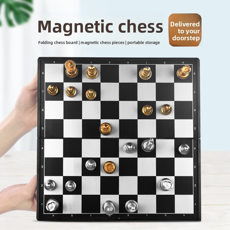 Book Party Games - マグネティックゴールドシルバーチェスセット 折りたたみ式チェスボードゲーム ポータブル国際チェスセット 旅行用 家族パーティー コレクション