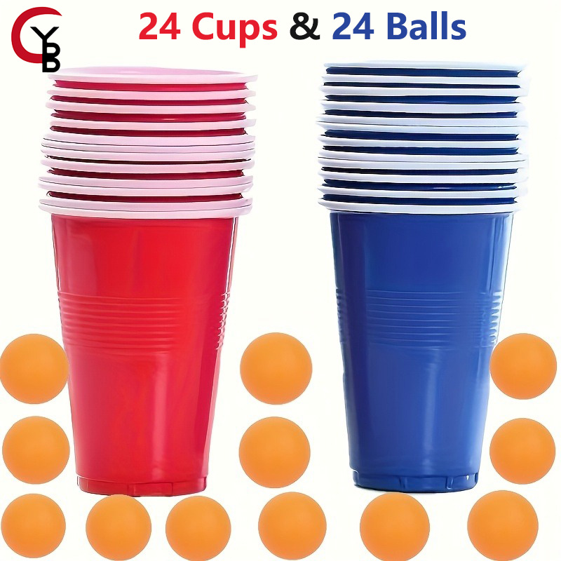 Party Games Jenga - YANBIGUO ビールポンゲームセット 24個入り 16オンス プラスチック製パーティーカップと24個のピンポン玉付き バーゲーム、卒業式/会社パーティー用